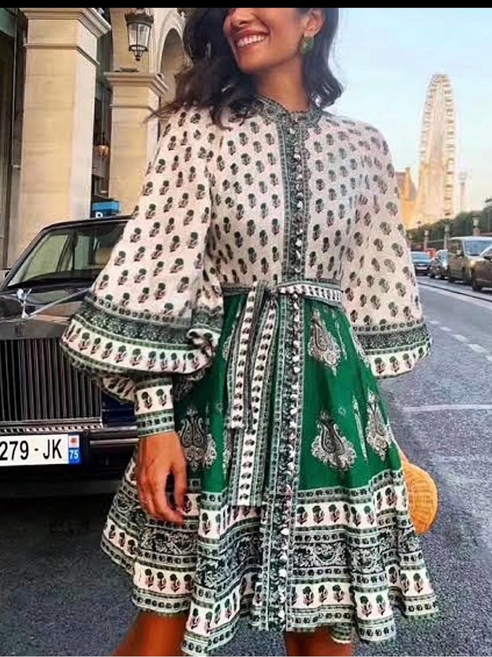 Zimmermann White and Green Paisley Tie-Waist Mini Dress. Missing belt.